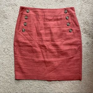 Loft Soft Coral Linen Pencil Skirt with Pockets and Tortoiseshell Button Detail